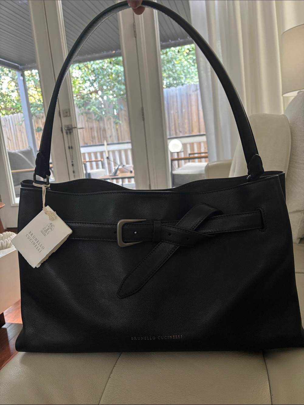 Brunello Cucinelli Black Leather Belt-Detail Shoulder Bag